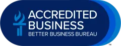 Blue Better Business Bureau Accredited Business badge with white text and torch icon