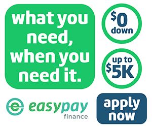 EasyPay Finance ad: “what you need, when you need it,” $0 down, up to $5K, apply now.