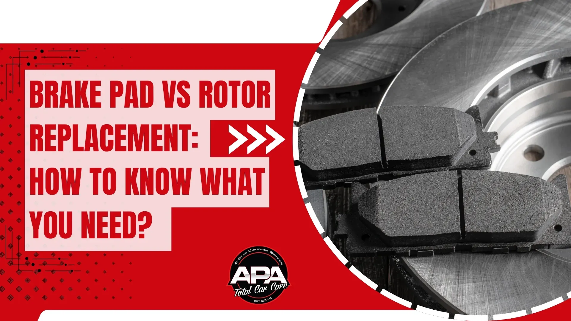 Red APA graphic: “Brake pad vs rotor replacement—how to know what you need?” with close-up brake rotor image