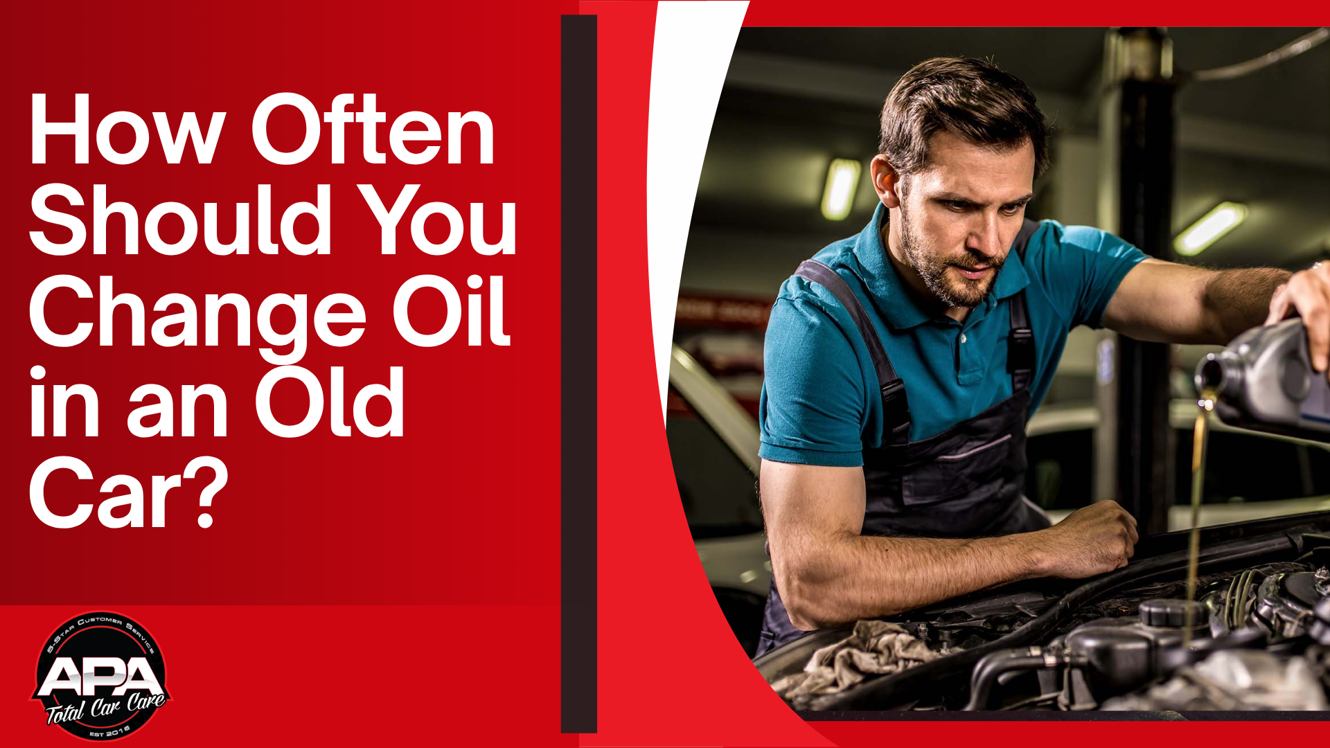Car mechanic inspecting an old car engine with text: “How Often Should You Change Oil in an Old Car?”