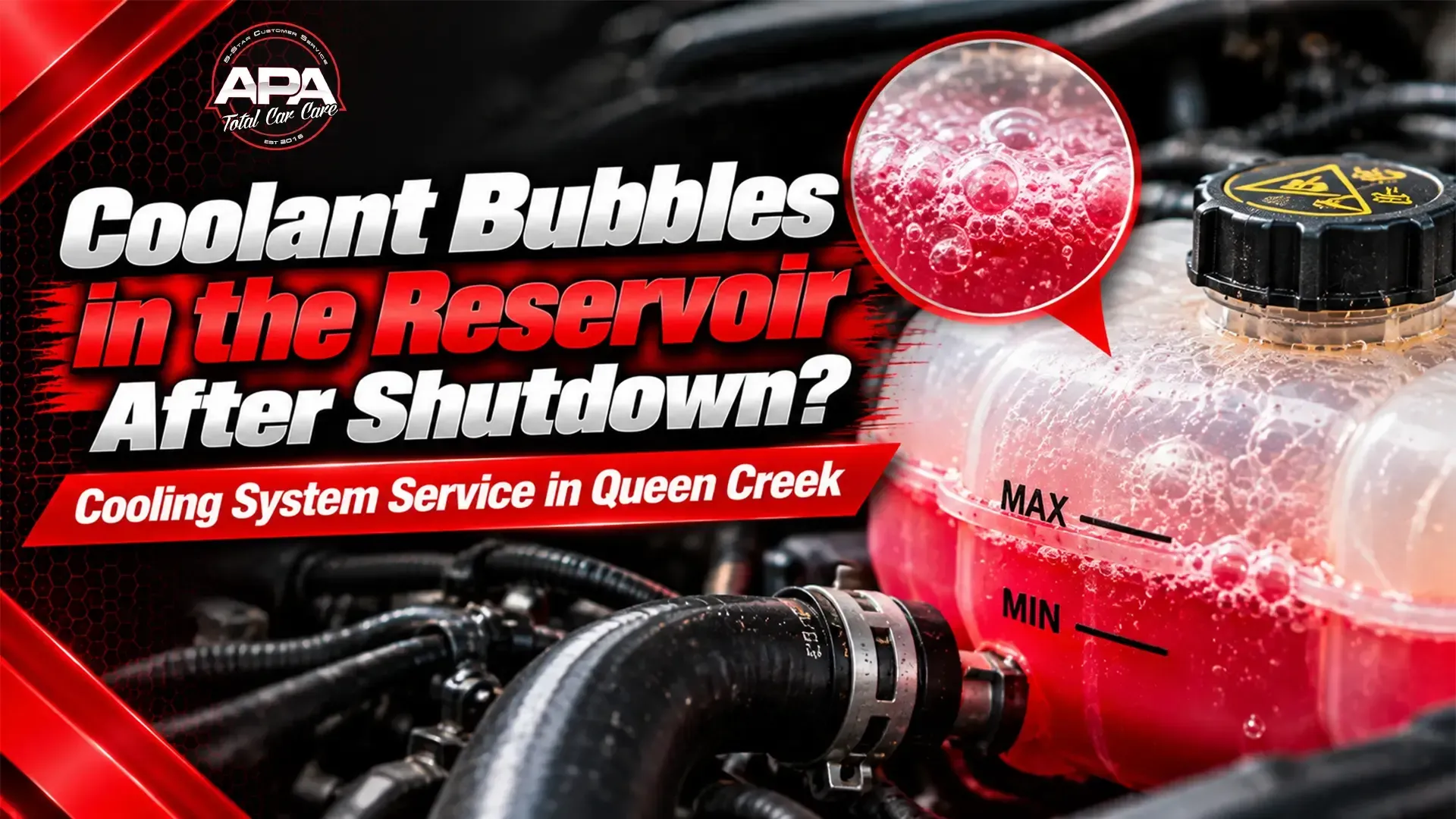Car engine coolant reservoir with bubbling red fluid and text: “Coolant Bubbles in the Reservoir After Shutdown?”