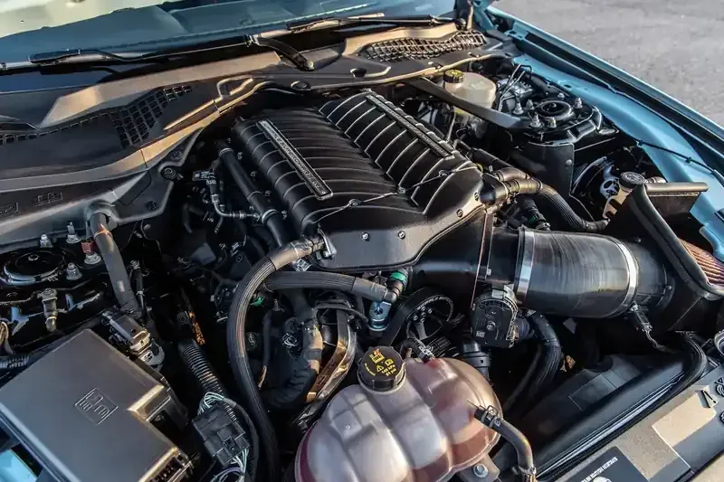 A high-angle view of a clean, modified Ford Mustang engine bay featuring a black supercharger unit.