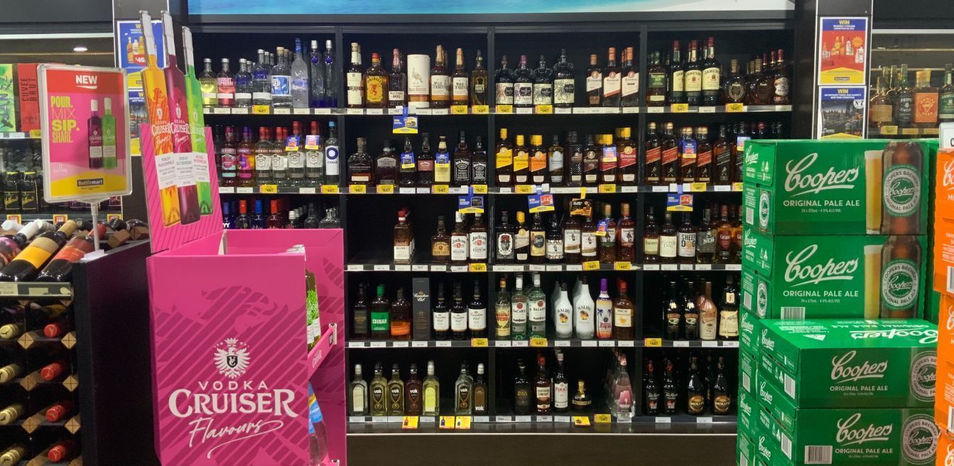 Liquor Store Display With Various Bottles on Shelves — Capricorn Tavern in Taranganba, QLD
