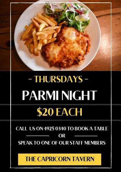 Advertisement for Parmi Night at the Capricorn Tavern — Capricorn Tavern in Taranganba, QLD