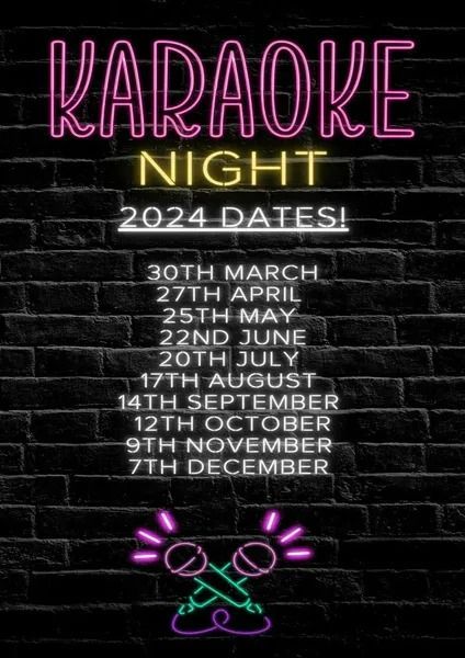 Karaoke Night Poster With 2024 Dates. Neon Text on a Brick Wall — Capricorn Tavern in Taranganba, QLD