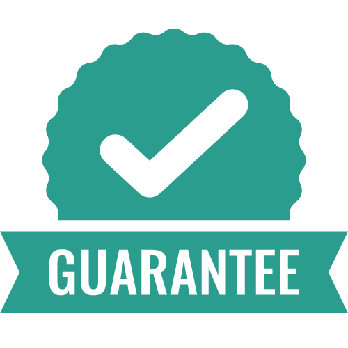 A green sticker with a check mark and the word guarantee on it.