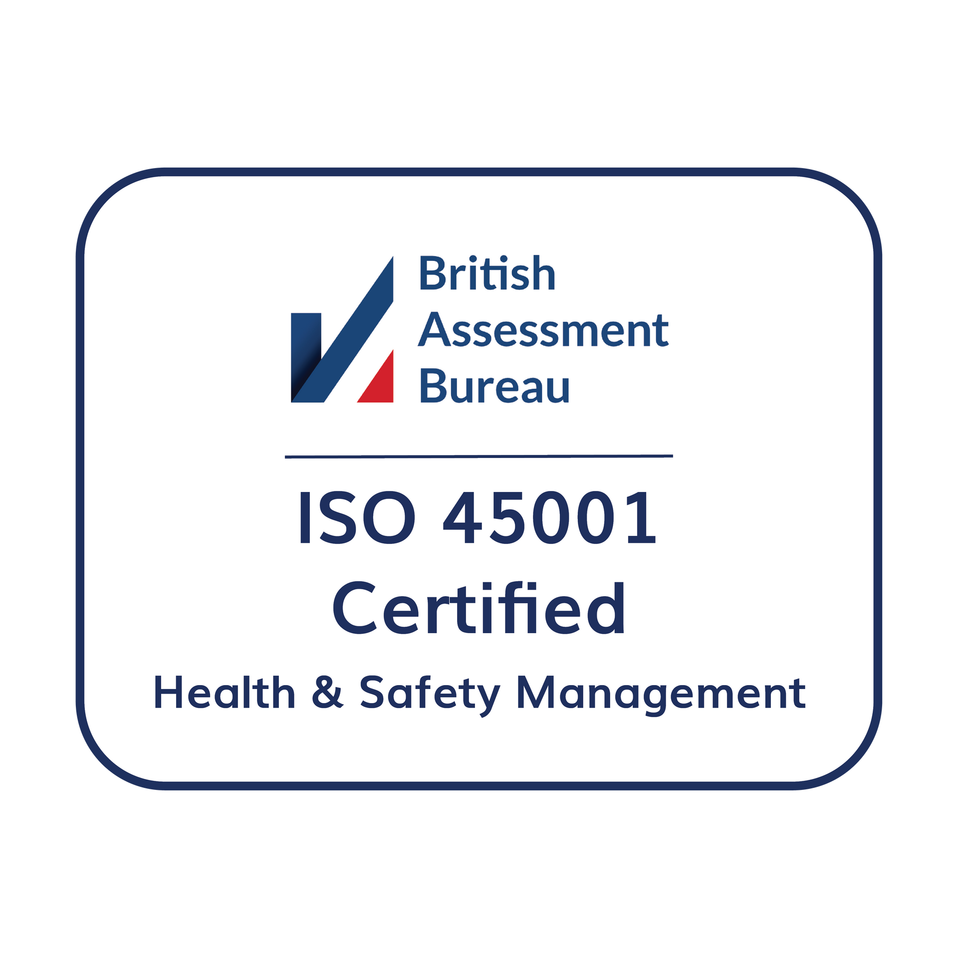 British Assessment Bureau ISO 45001 certified health and safety management logo with blue and red accents