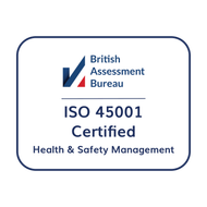 British Assessment Bureau ISO 45001 certified health and safety management logo with blue and red accents
