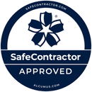 SafeContractor Approved blue circular certification badge with white emblem and text