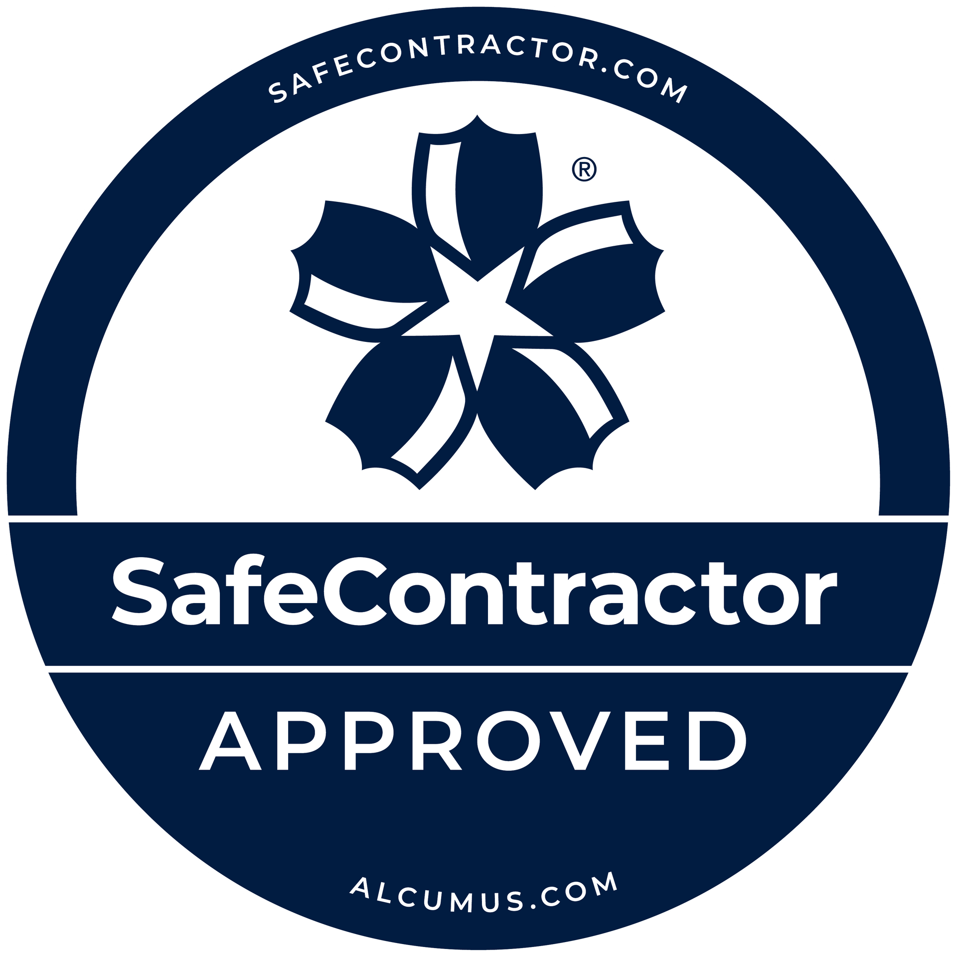 SafeContractor Approved blue circular certification badge with white emblem and text