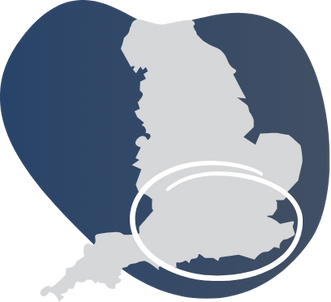 Blue and gray logo with a silhouette of a coast outlined by a white oval