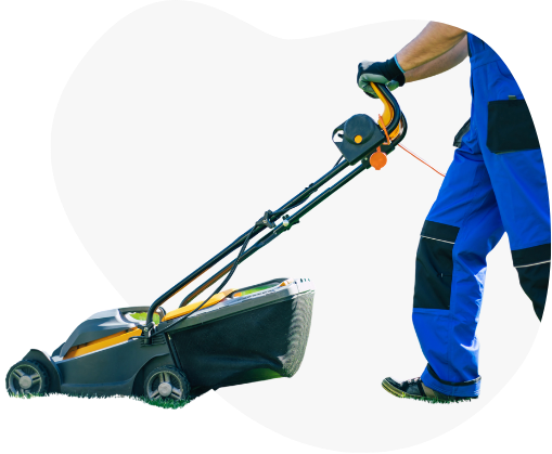 Person using a blue electric lawn mower to trim grass on a white background
