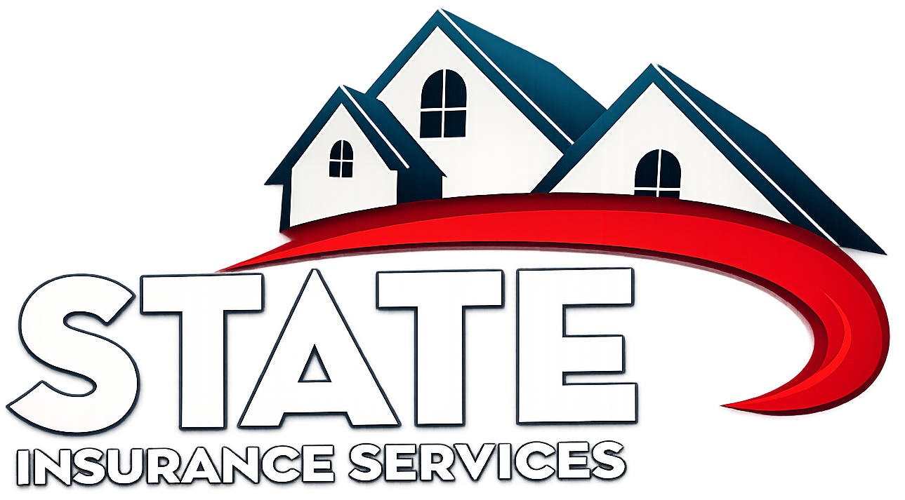 Logo for State Insurance Services, featuring three white house silhouettes atop the word "STATE" and a red curved accent.
