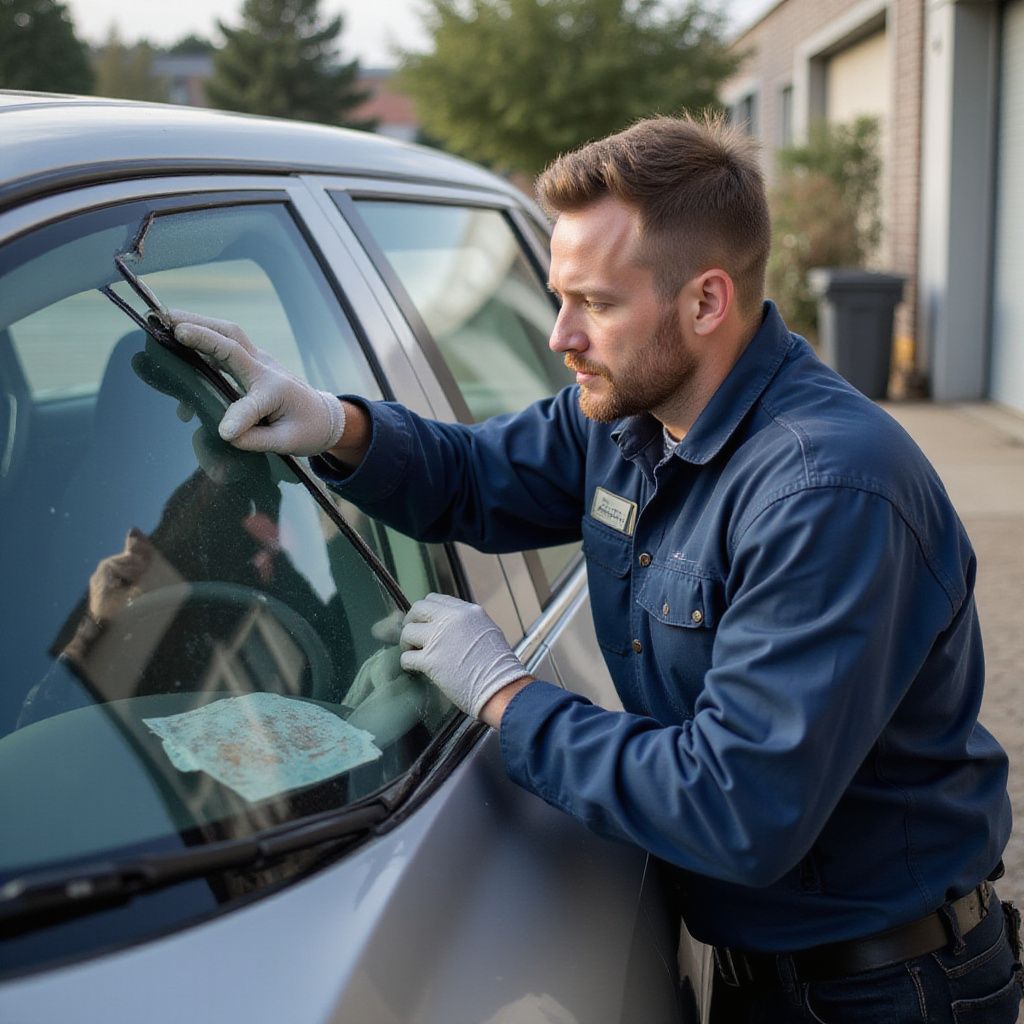 Man in blue uniform replacing a windshield wiper on a silver car outdoors.
