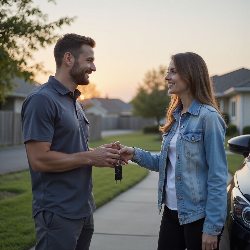 Man handing car keys to a woman, both smiling near a car at sunset.