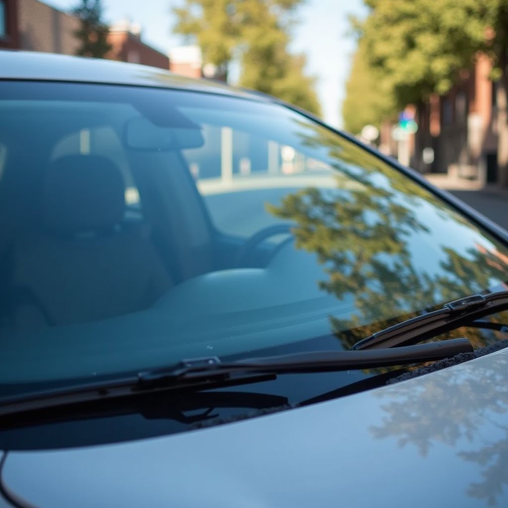Silver car windshield with wiper blades, street scene reflected.