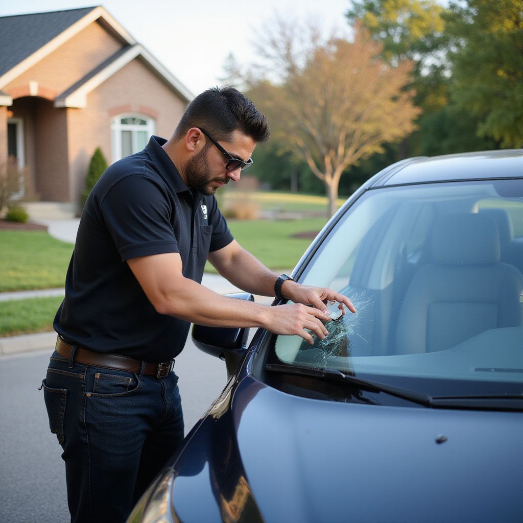 Man examining a cracked car windshield in front of a house.