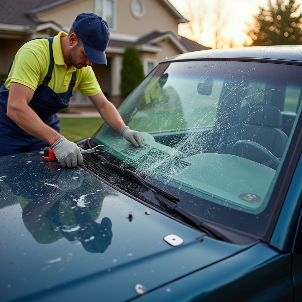 Person replacing a cracked car windshield outdoors.