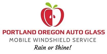 Portland Oregon Auto Glass logo: red apple with a white half, text, and