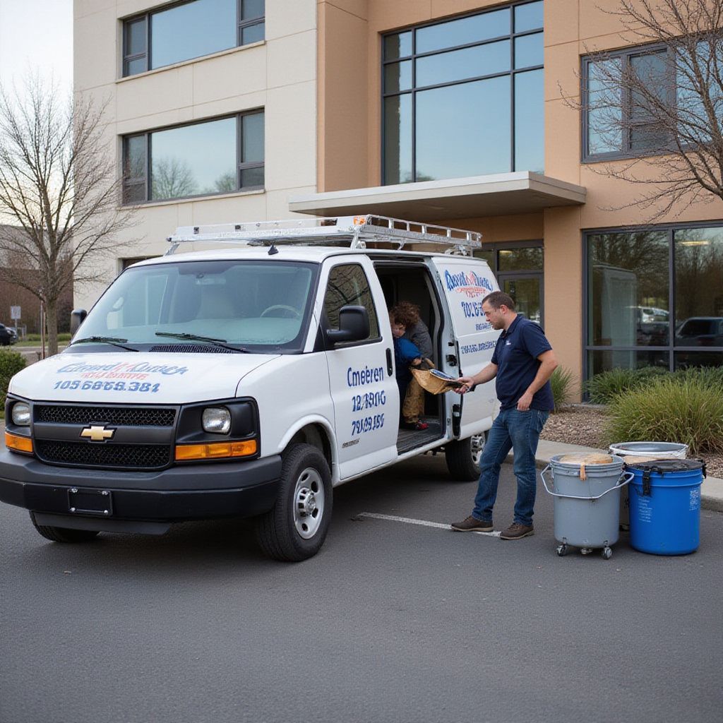 White service van parked outside a building; a man unloads supplies from the open side door.
