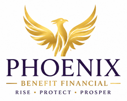 Gold phoenix logo with Phoenix Benefit Financial and the motto “Rise • Protect • Prosper”