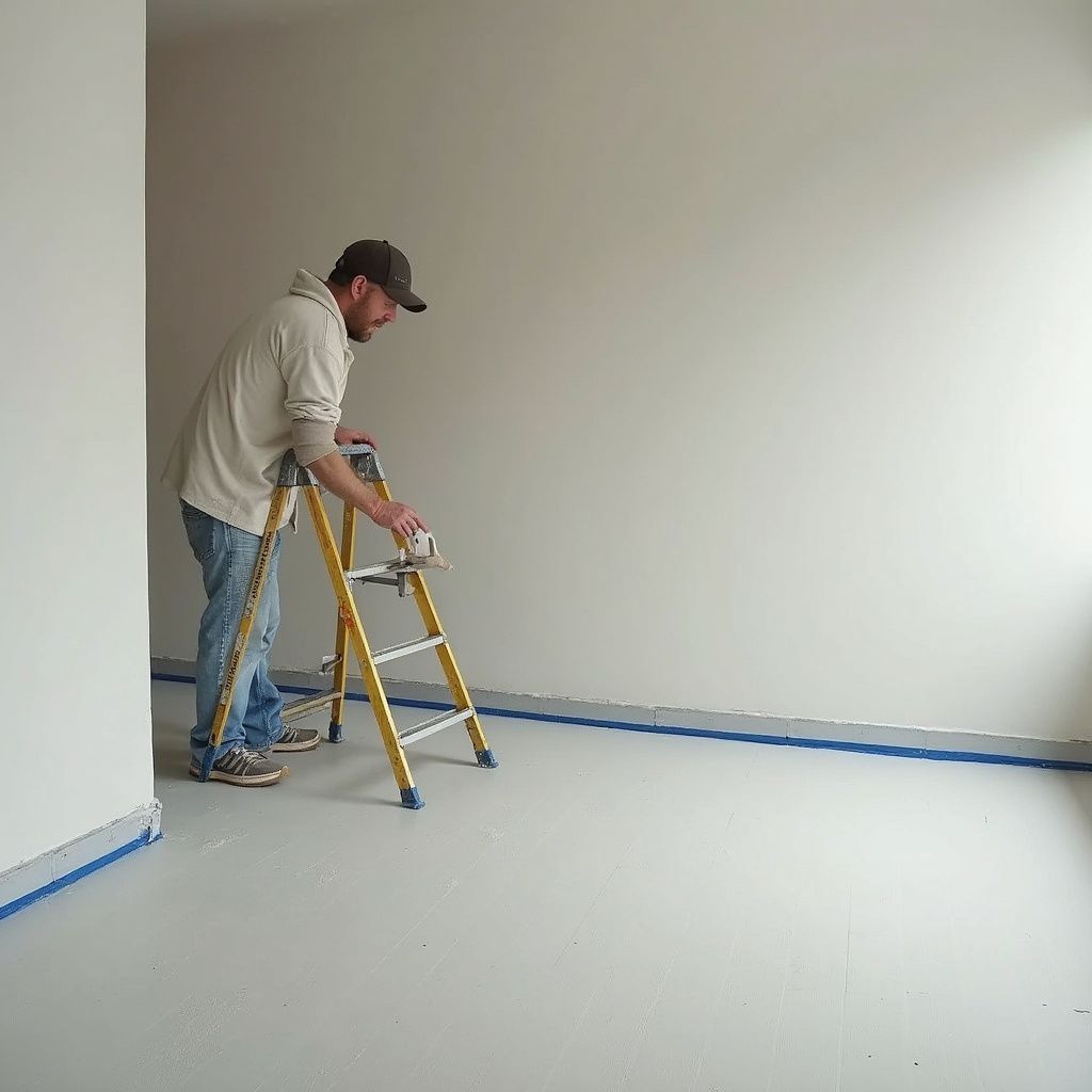 Painter on a step ladder painting a bare room wall, with blue tape along the floor.