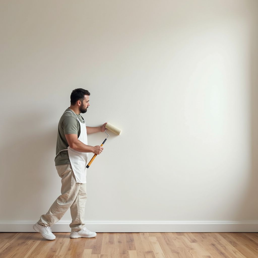 Person painting a white wall in a mostly empty room with hardwood floors.