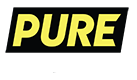 Yellow &ldquo;PURE&rdquo; text on a black slanted banner logo with fitness in white text
