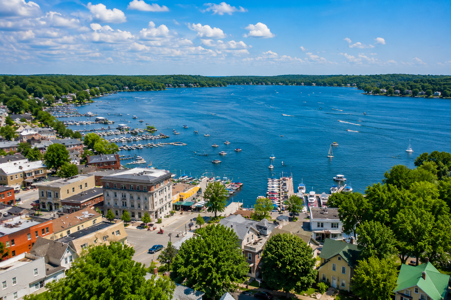 View of a bright blue harbor with many boats, waterfront buildings, and green trees under a clear sky