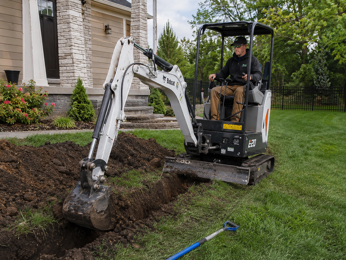 Mini excavator digging soil beside a house, with a blue shovel on the lawn.
