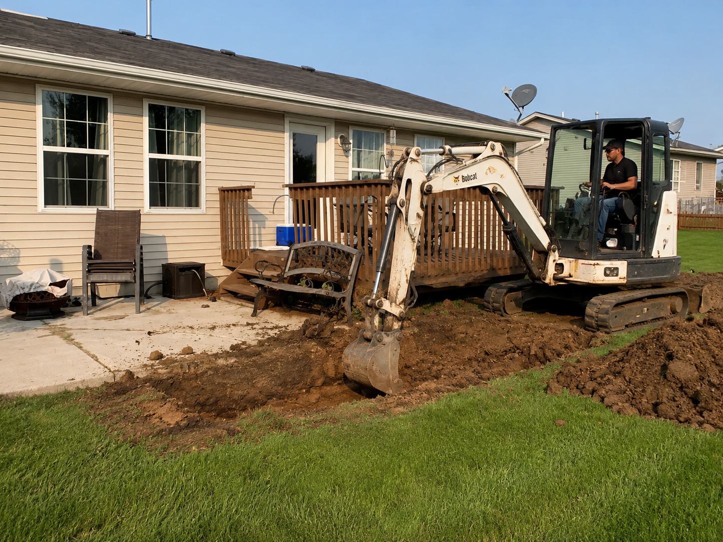 Backhoe digging a trench beside a beige house and wooden deck in a backyard