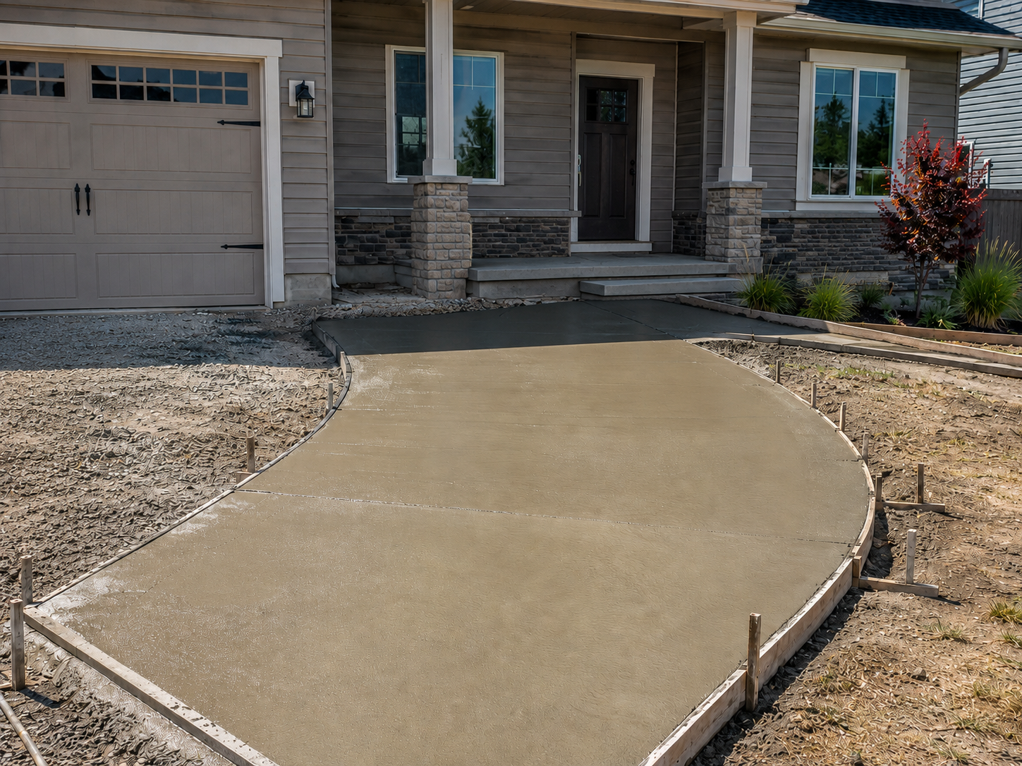 New concrete front walkway leading to a house entrance and garage at a suburban home