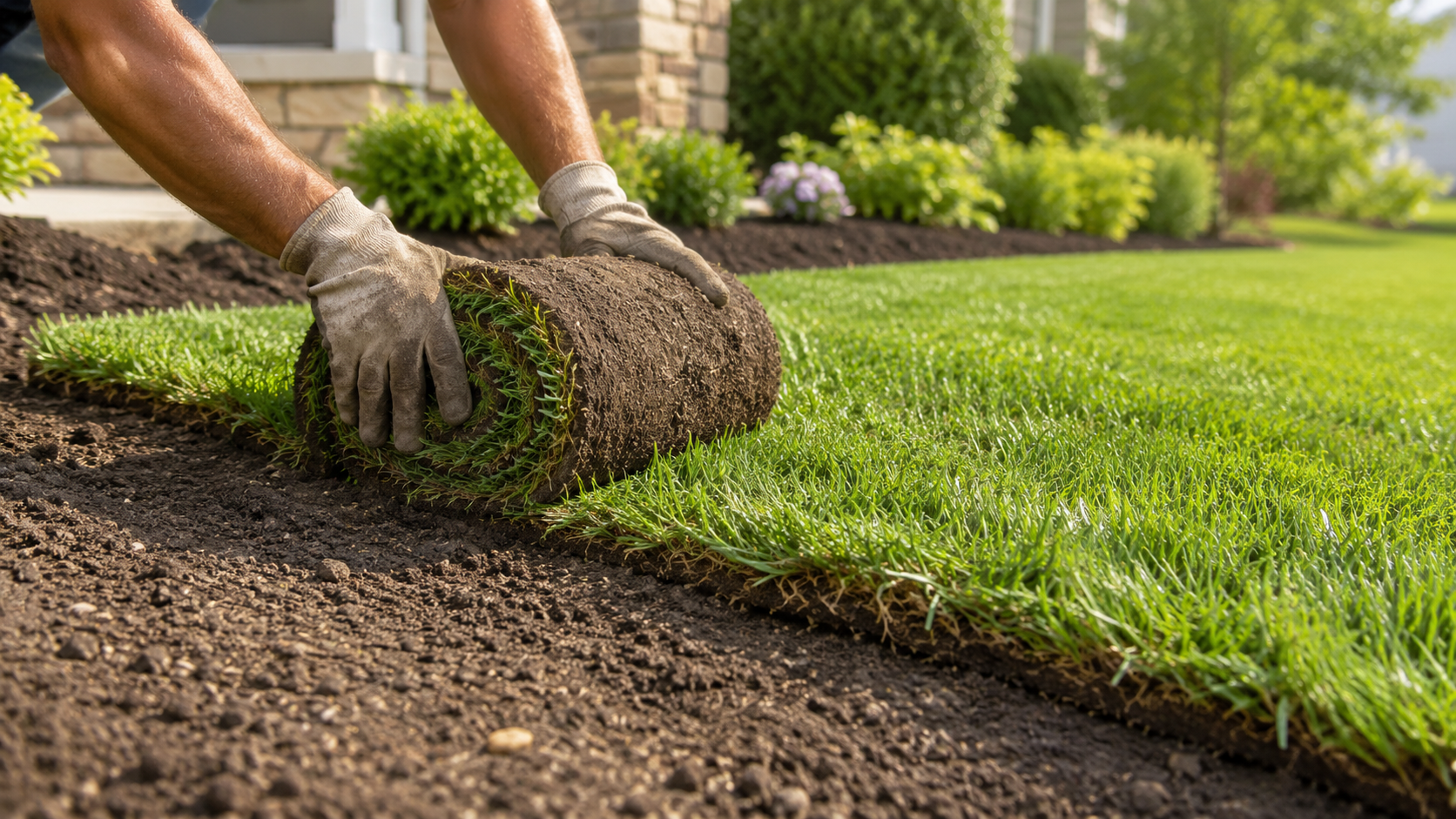 Hands laying sod along a lawn edge beside a gravel path in a landscaped yard