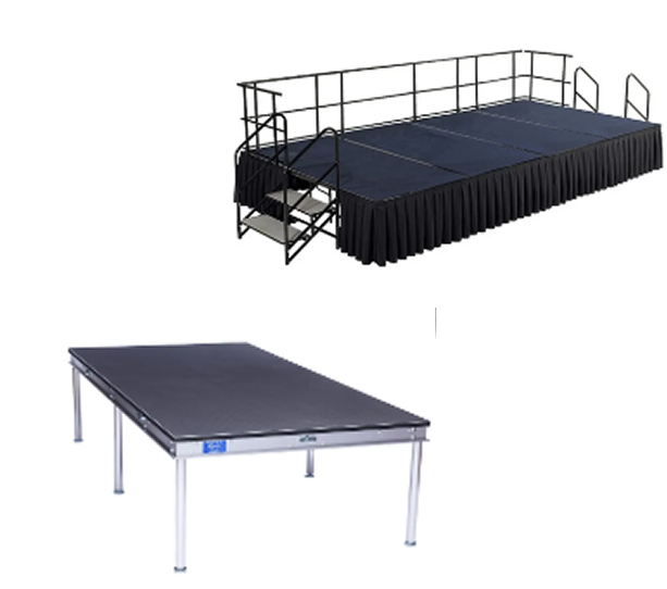 Two-stage platform riser with black skirt and railings above a simple rectangular stage platform