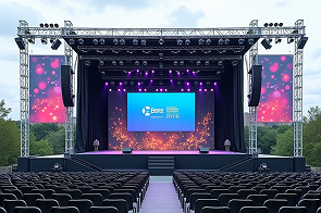 Outdoor concert stage with purple lights, large screen, and rows of empty seats