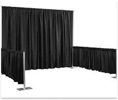 Black pipe-and-drape trade show booth with side and back curtains and metal stands