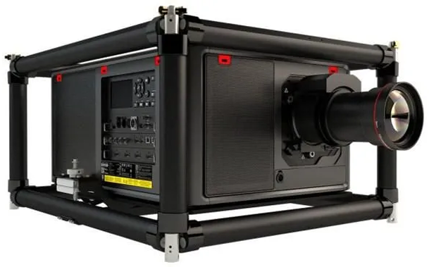 Black industrial camera or projector in a metal frame, with a large lens on the right side.