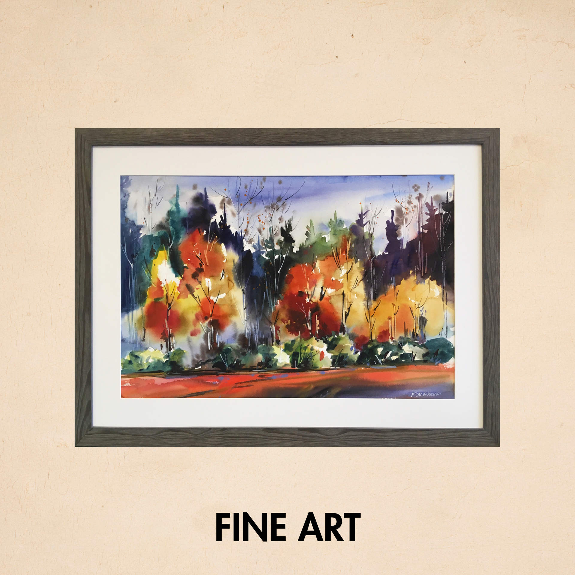Framed abstract watercolor landscape with bright orange, yellow, and blue trees, labeled “FINE ART”