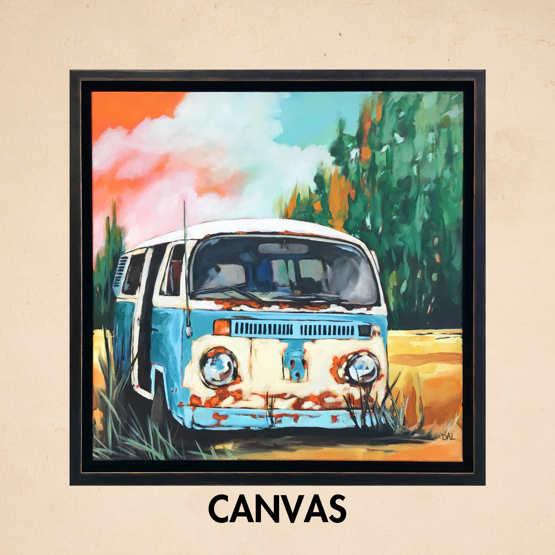 Blue vintage van painting on canvas with trees and orange sky, labeled “CANVAS”