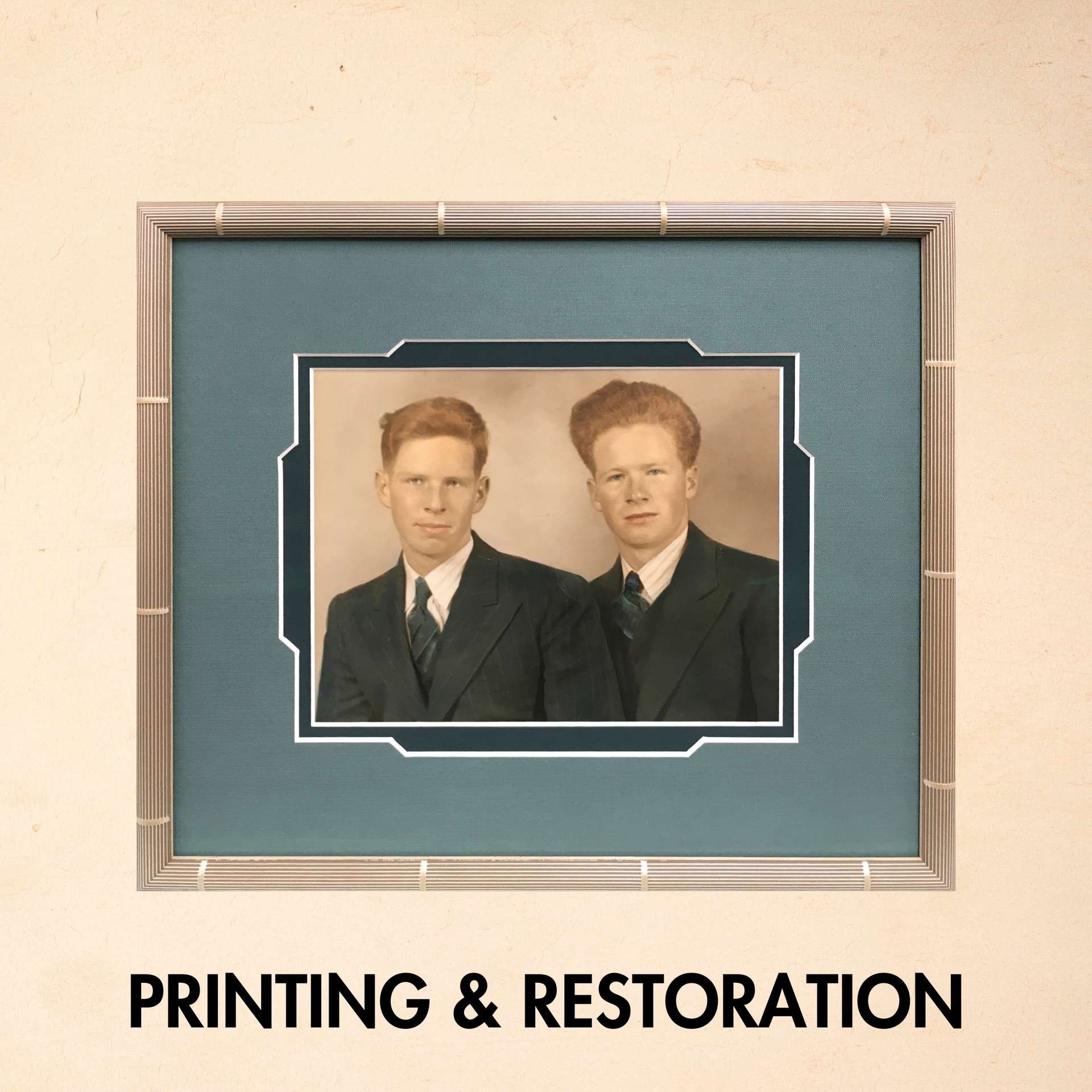 Framed sepia portrait with green mat and the words “PRINTING & RESTORATION” below