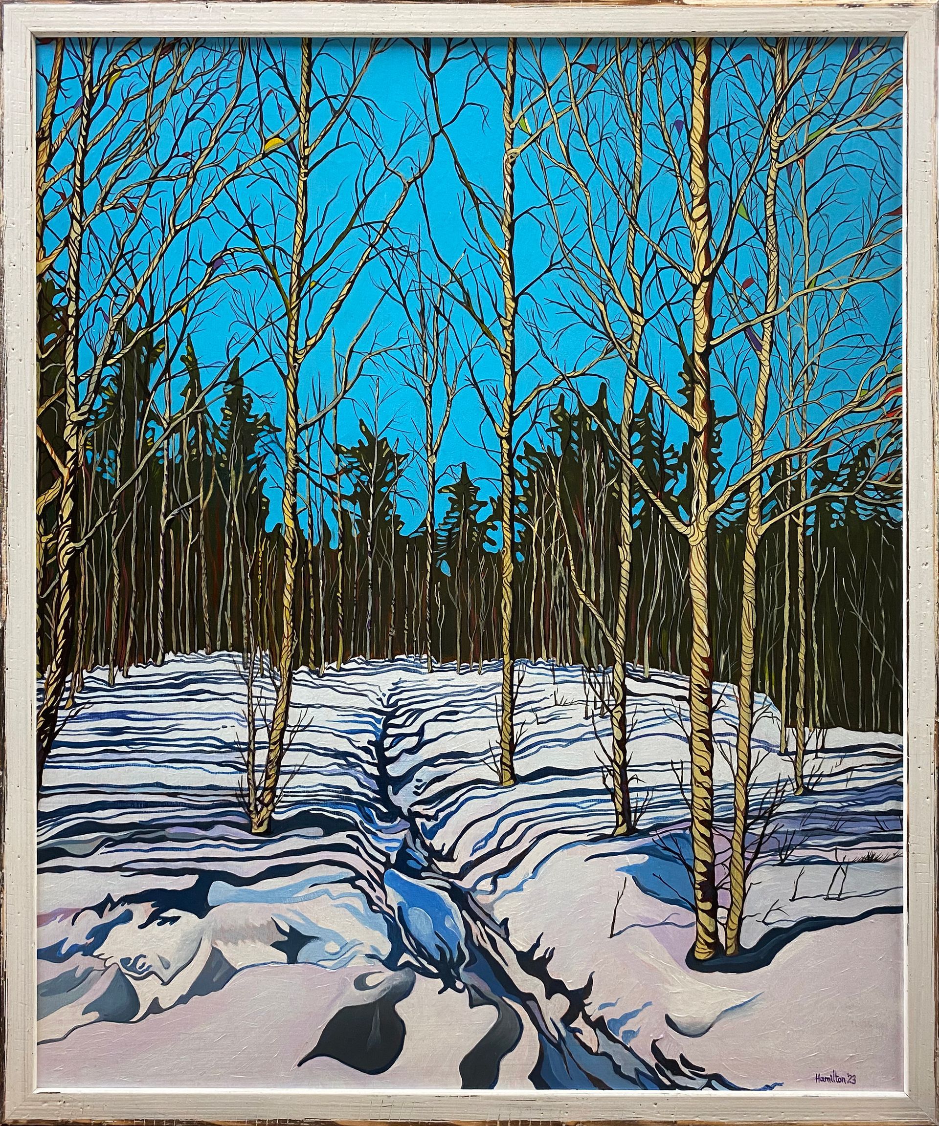 A painting of trees in the snow with a blue sky in the background