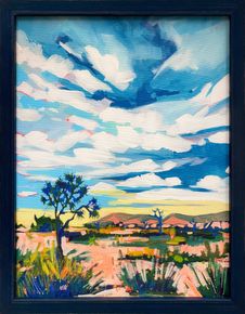 Sunlit landscape painting with blue sky, clouds, trees, and a pink field