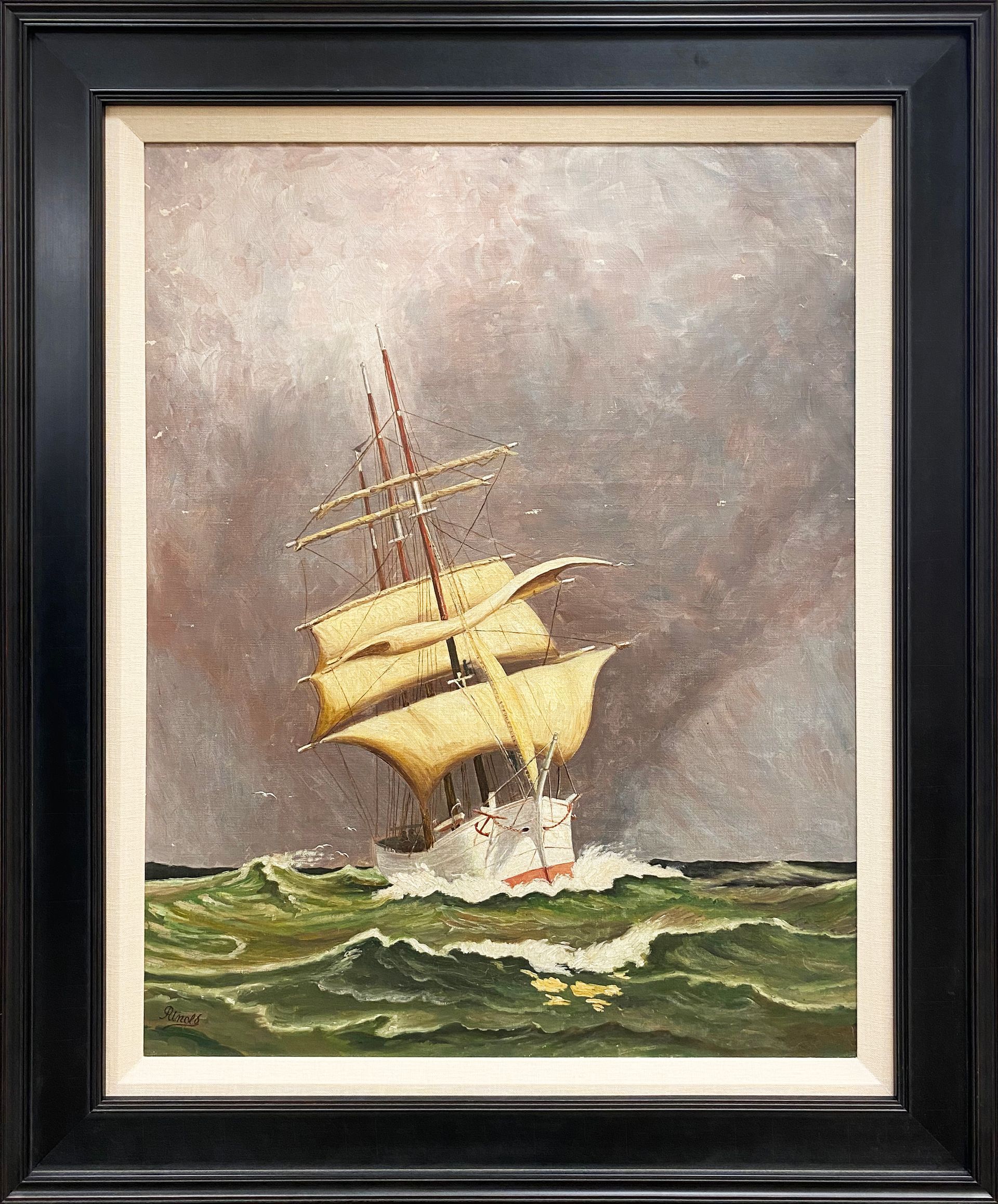 A framed painting of a sailboat in the ocean