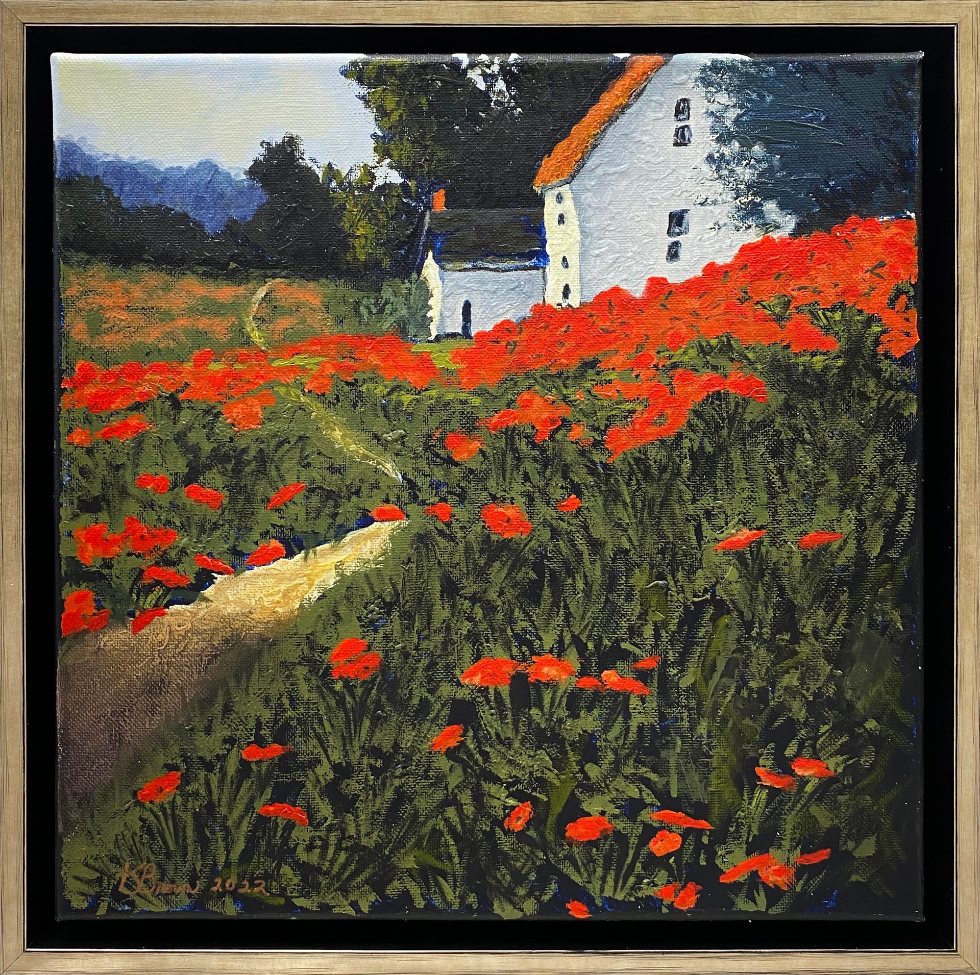 A painting of a field of red flowers with a house in the background