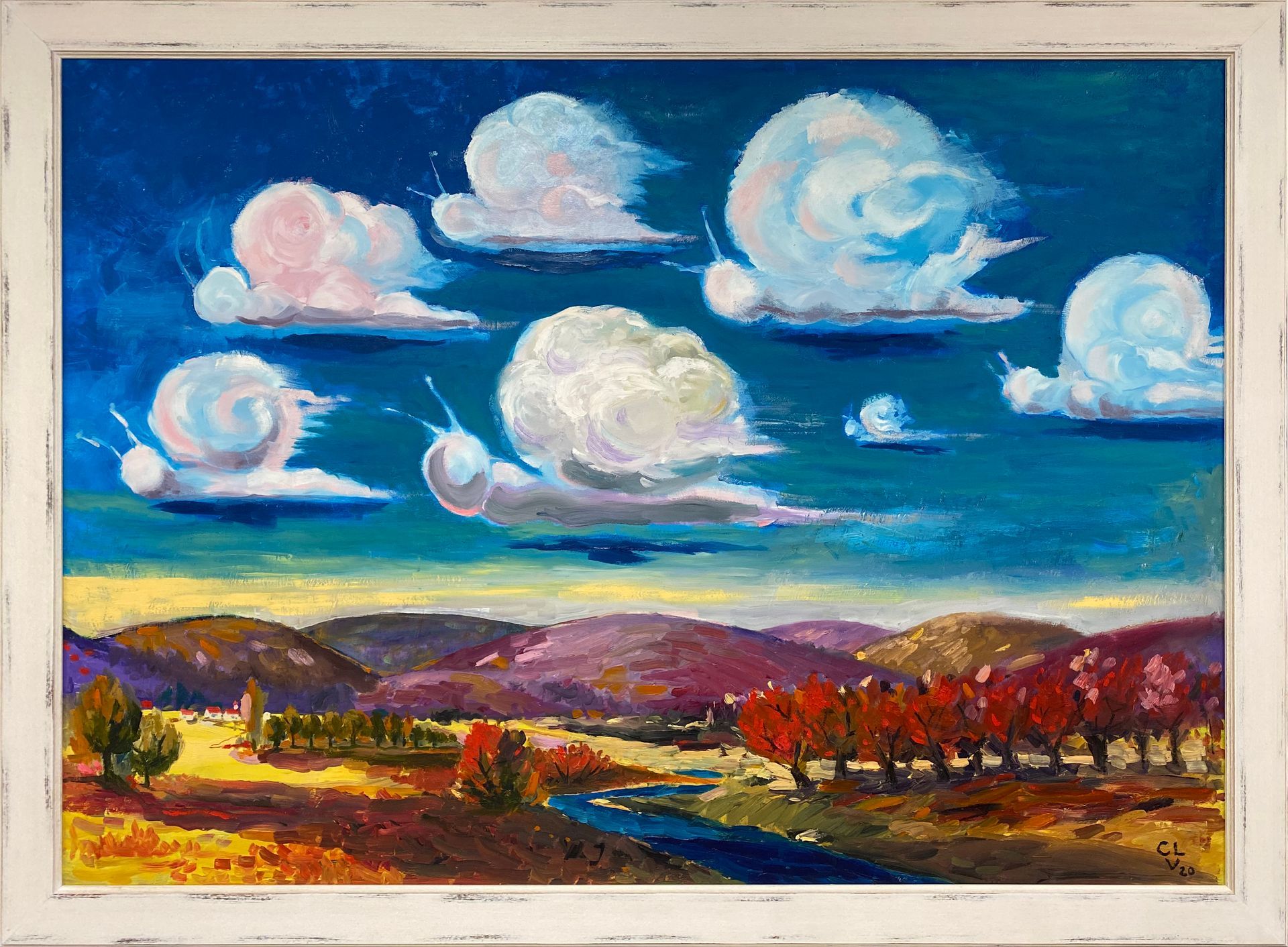 A painting of a landscape with clouds in the sky