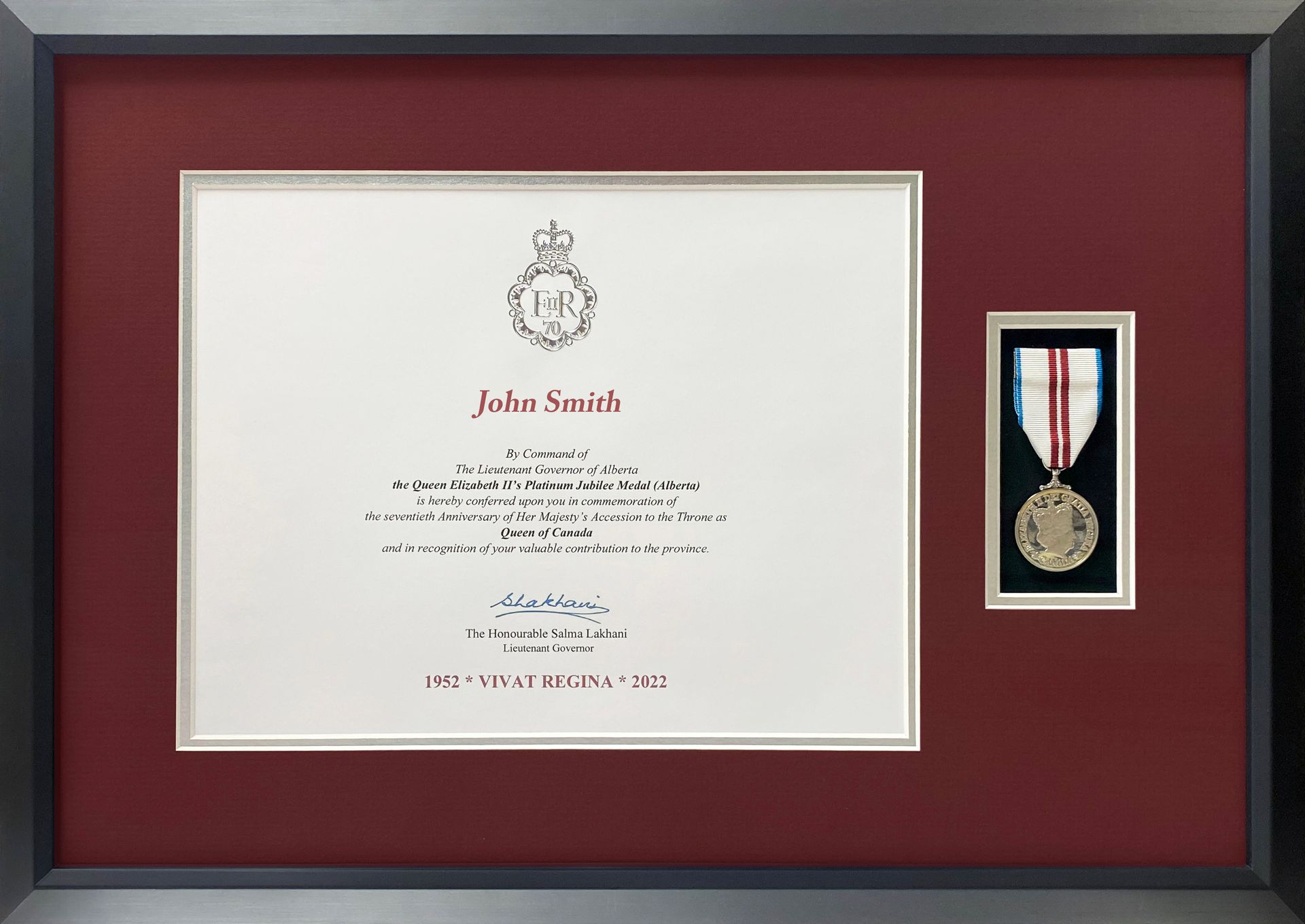 A framed certificate for joseph smith with a medal