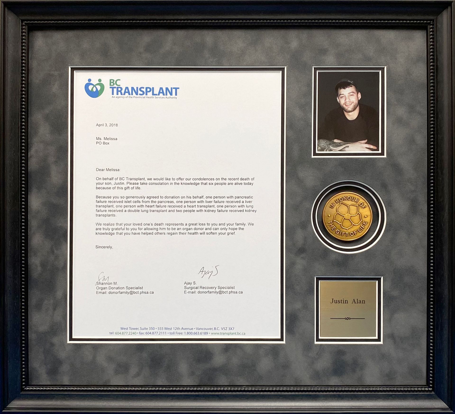 A framed letter with the word transplant on it