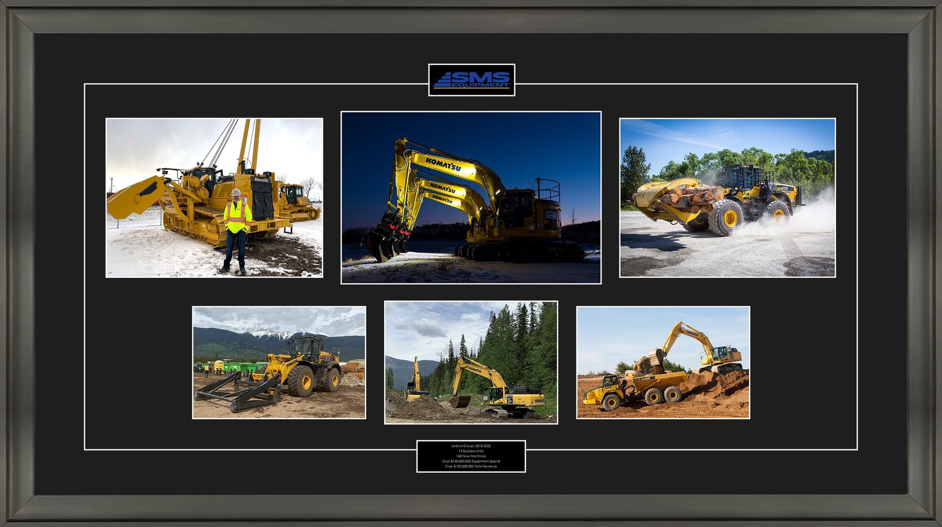 A collage of pictures of construction vehicles in a black frame