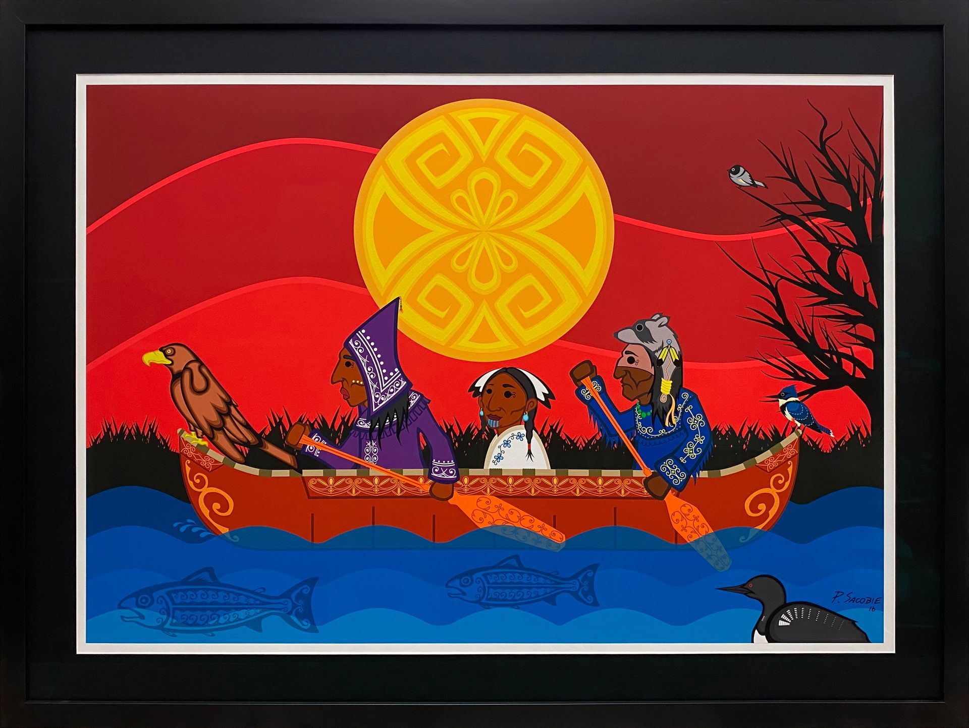 Four stylized figures in a canoe on blue waves beneath a large yellow sun and red sky