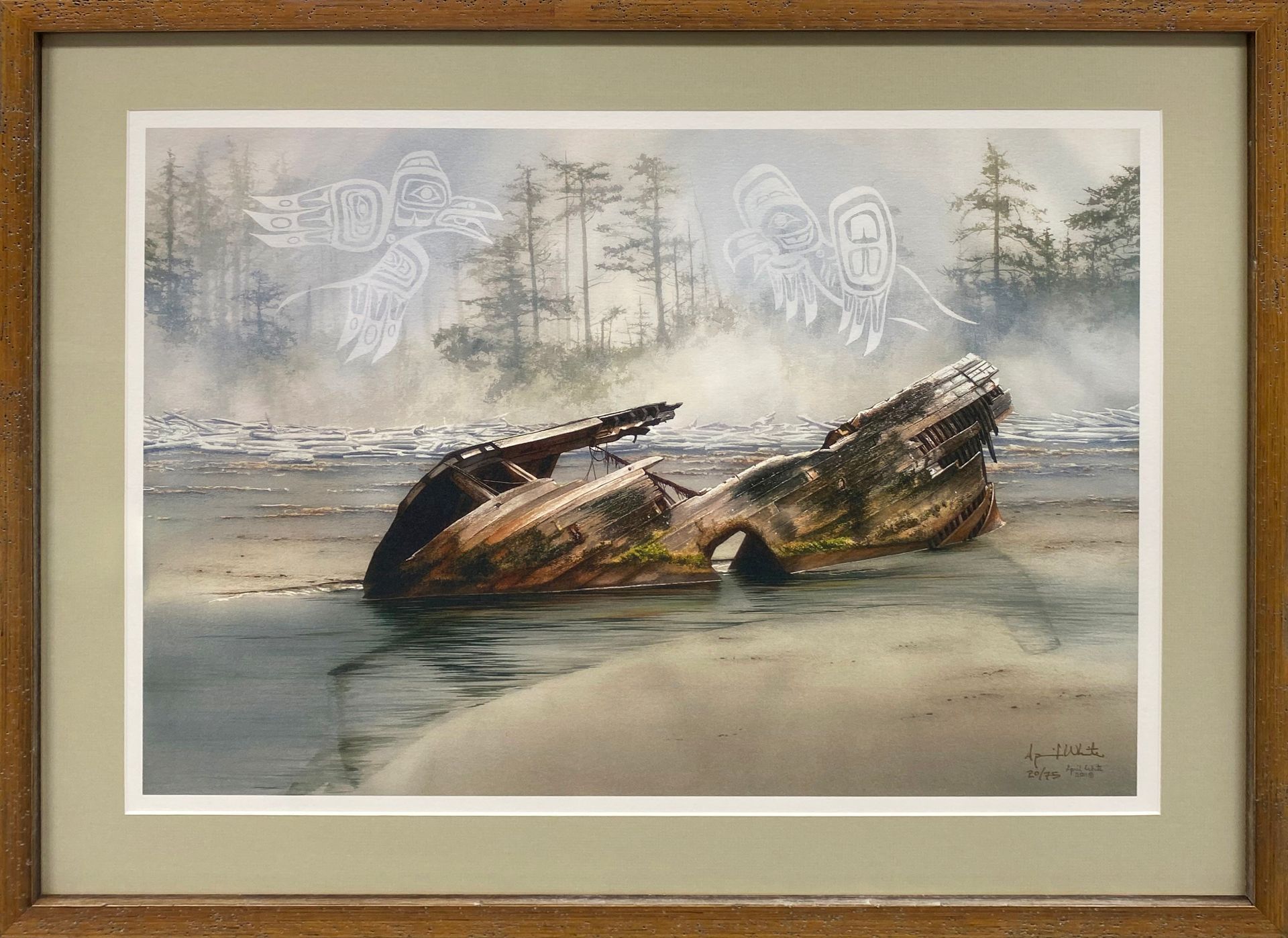 Framed painting of a beached whale on a misty shore with pale figures in the sky